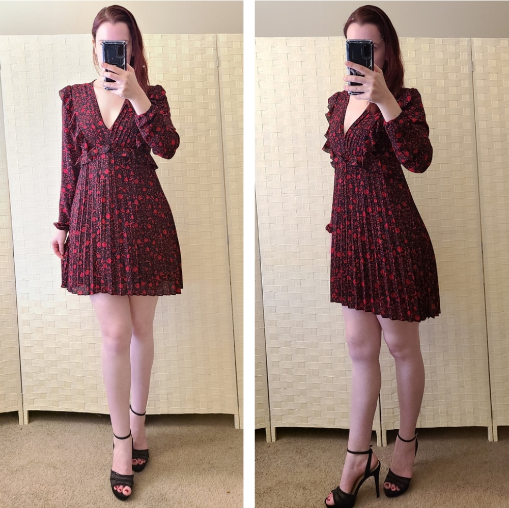 EXPRESS Black Red Roses Flower Print Long Sleeve Pleated Fit & Flare Dress XS P